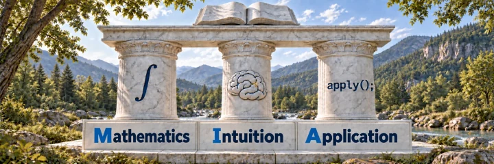 Three pillars of our pedagogy: Mathematics, Intuition, and Application, illustrated by an integral, a brain, and code.