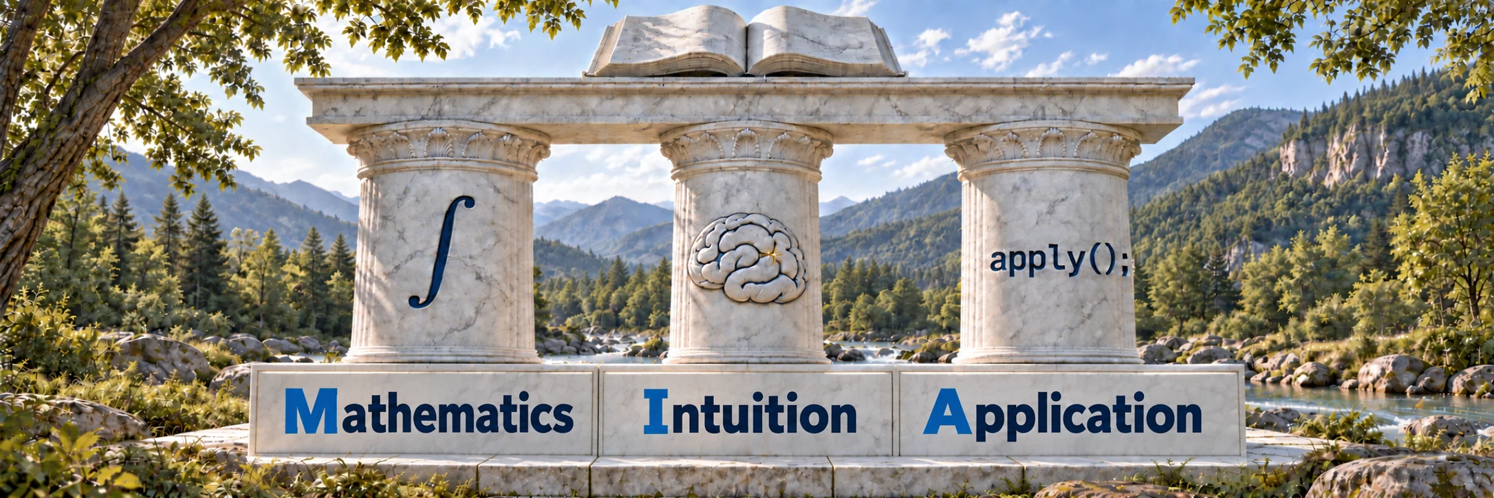 Three pillars of our pedagogy: Mathematics, Intuition, and Application, illustrated by an integral, a brain, and code.