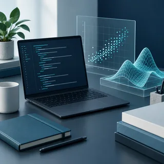 Illustration of scientific software, a scatterplot, and a mathematical surface in navy and teal